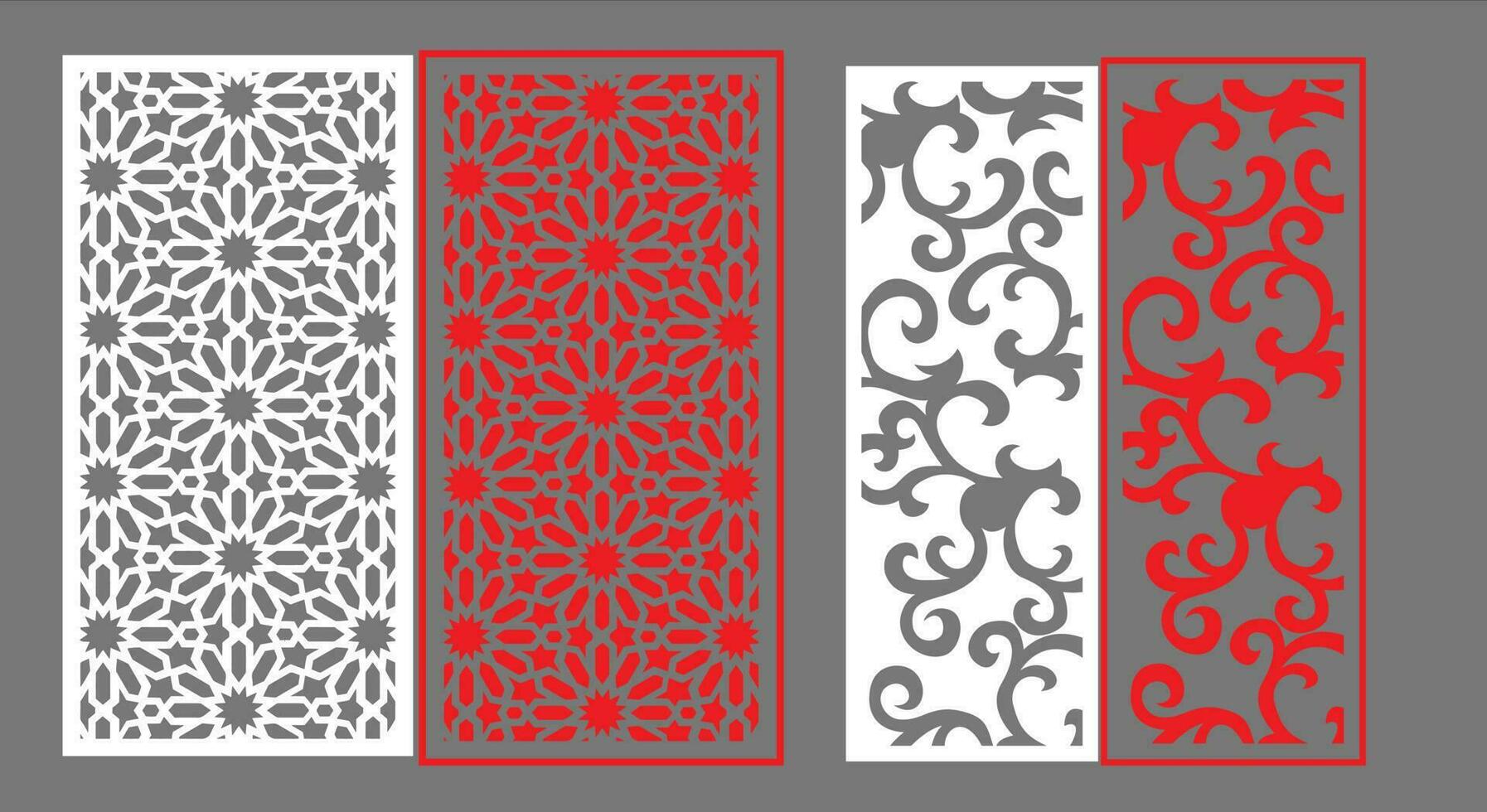 Decorative wall panels set Jali design CNC pattern, laser cutting pattern, router CNCcutting.Jali Laser cut decorative panel set with lace pattern. vector