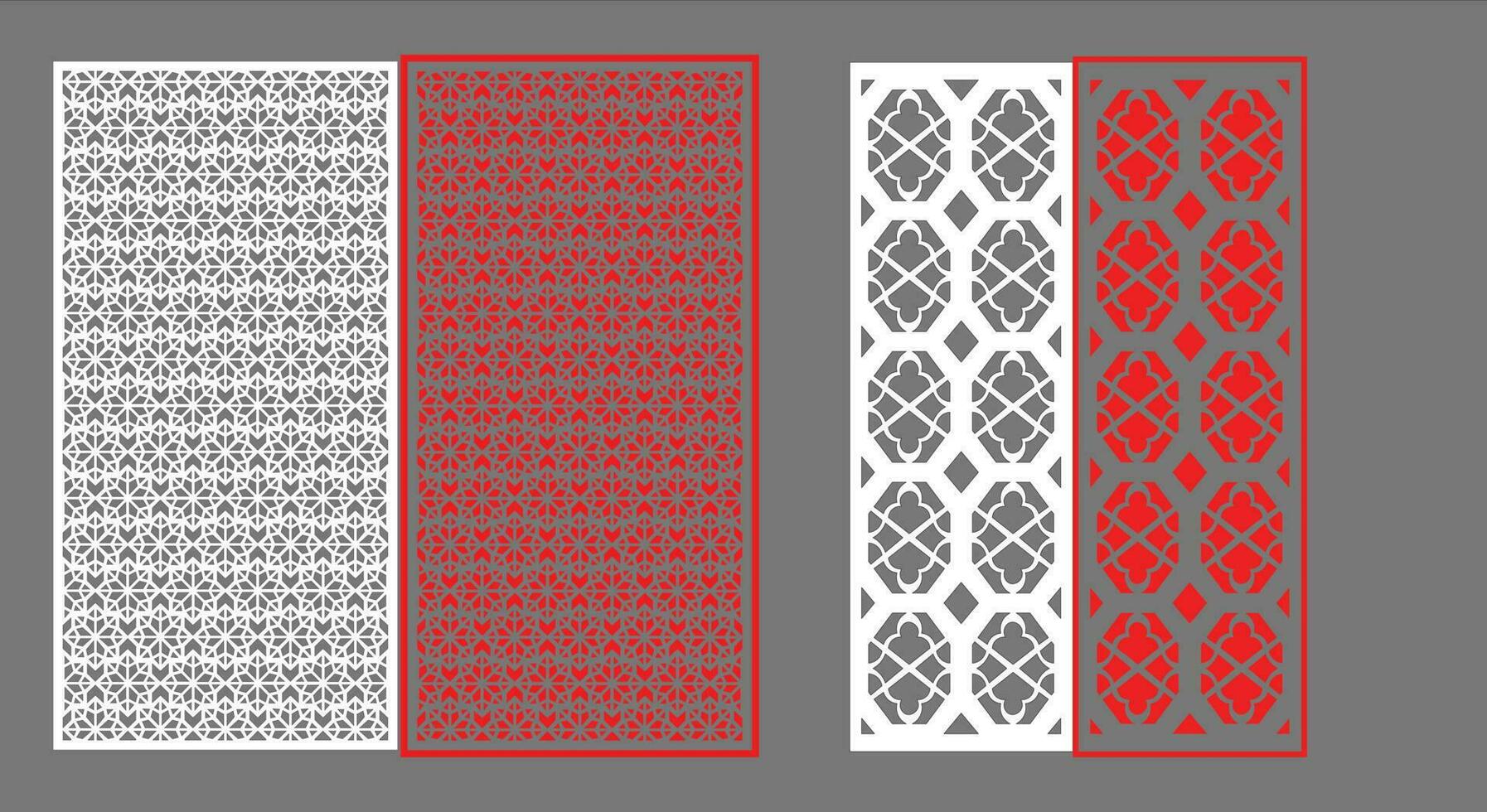 Decorative wall panels set Jali design CNC pattern, laser cutting pattern, router CNCcutting.Jali Laser cut decorative panel set with lace pattern. vector