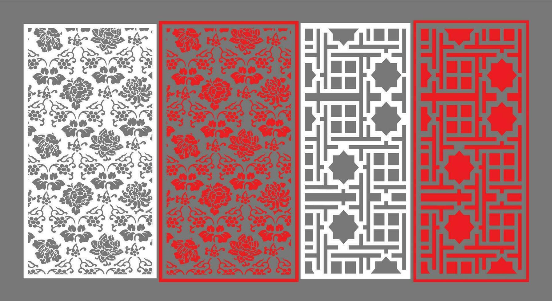 Decorative wall panels set Jali design CNC pattern, laser cutting pattern, router CNCcutting.Jali Laser cut decorative panel set with lace pattern. vector