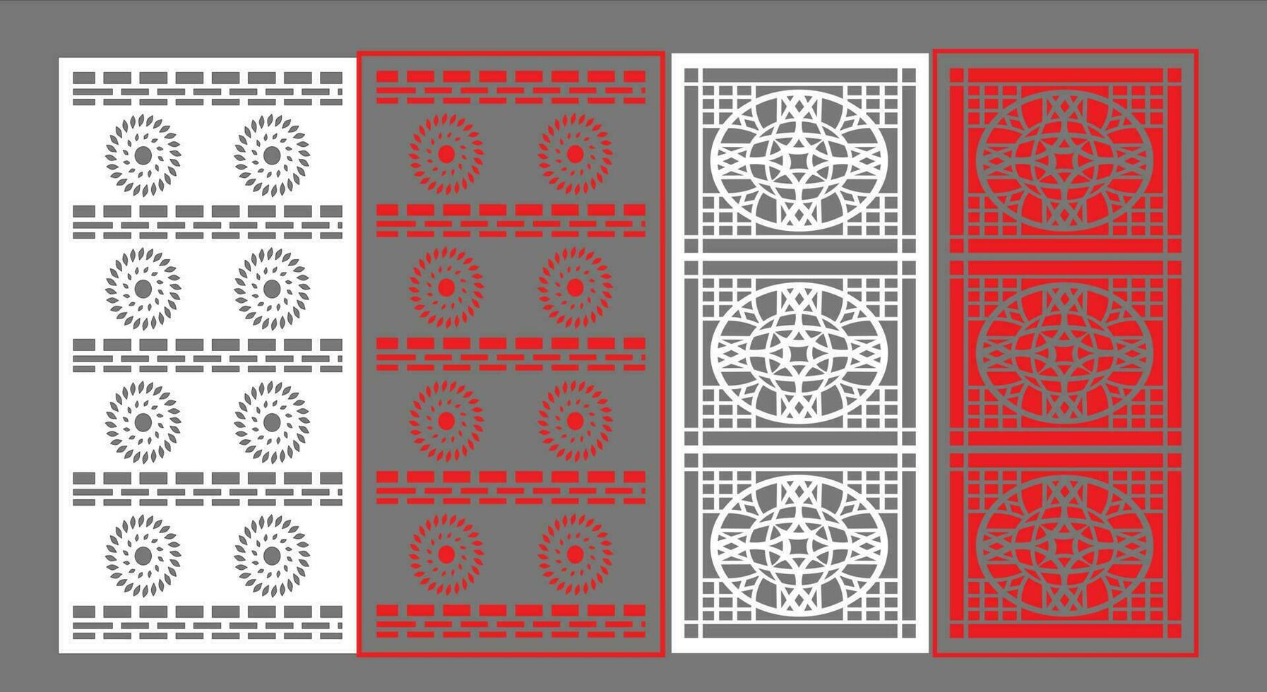 Decorative wall panels set Jali design CNC pattern, laser cutting pattern, router CNCcutting.Jali Laser cut decorative panel set with lace pattern. vector