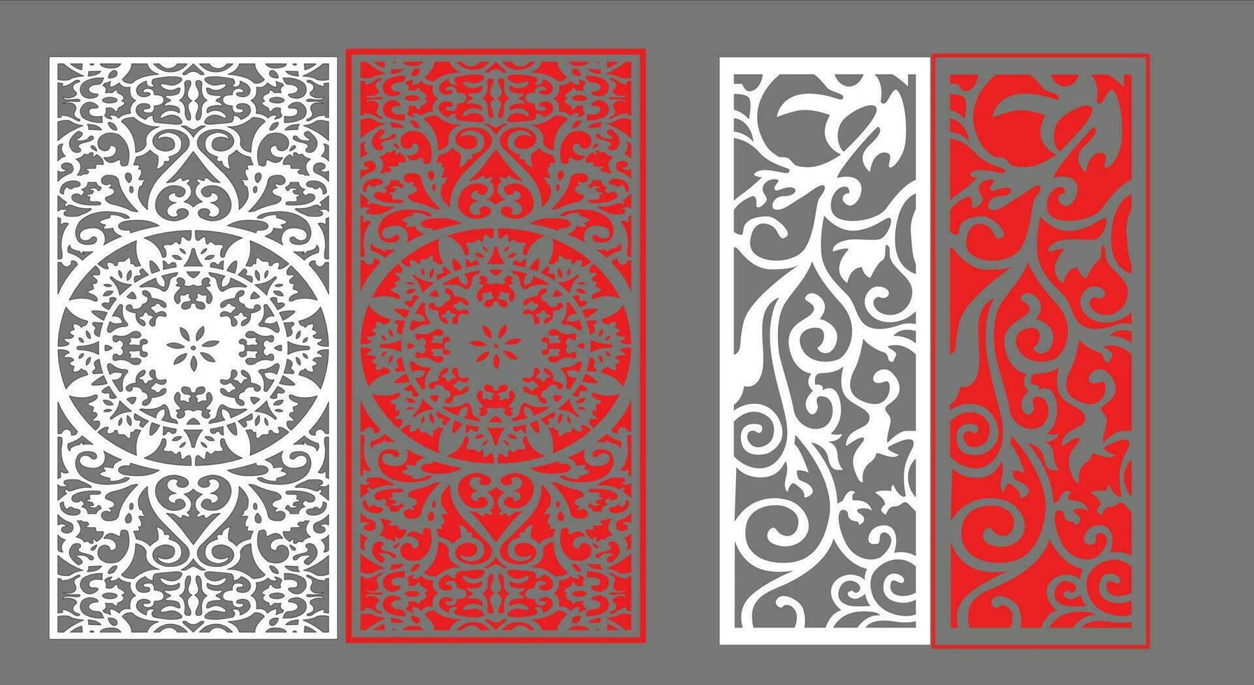 Decorative wall panels set Jali design CNC pattern, laser cutting pattern, router CNCcutting.Jali Laser cut decorative panel set with lace pattern. vector