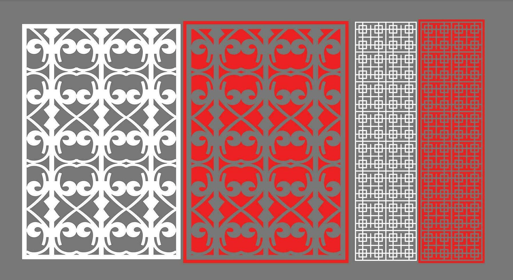 Decorative wall panels set Jali design CNC pattern, laser cutting pattern, router CNCcutting.Jali Laser cut decorative panel set with lace pattern. vector