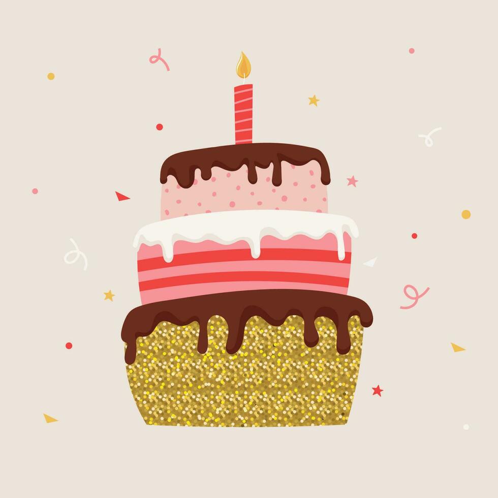 Birthday Cake with candle. Cute Vector illustration in simple style