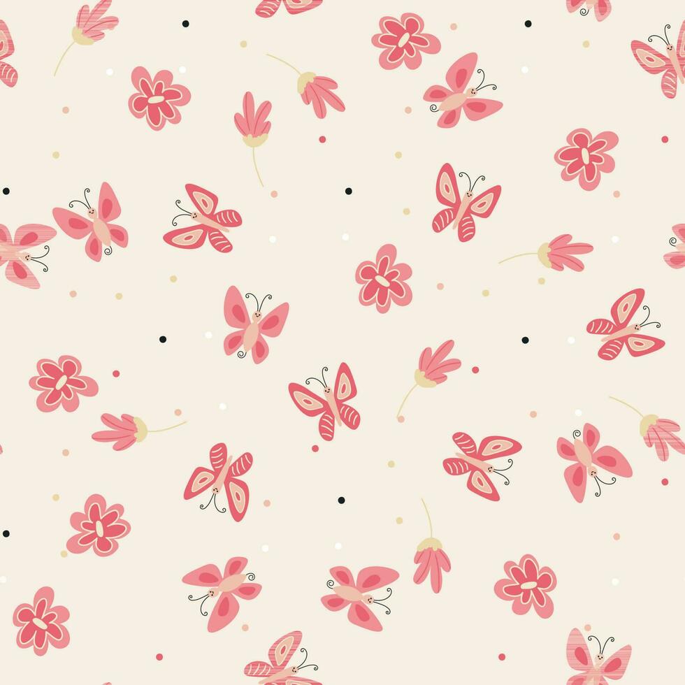 Kids Seamless pattern with cute butterflies and flowers. Vector illustration in simple childish style