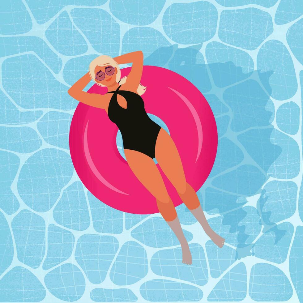 Woman in a swimsuit on an inflatable circle in the pool. Vector illustration in flat style