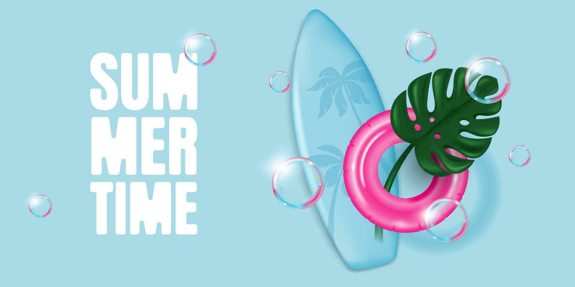 Summer Time banner with surfboard, inflatable ring, Monstera Leaf, and soap bubbles. Vector illustration in 3D style