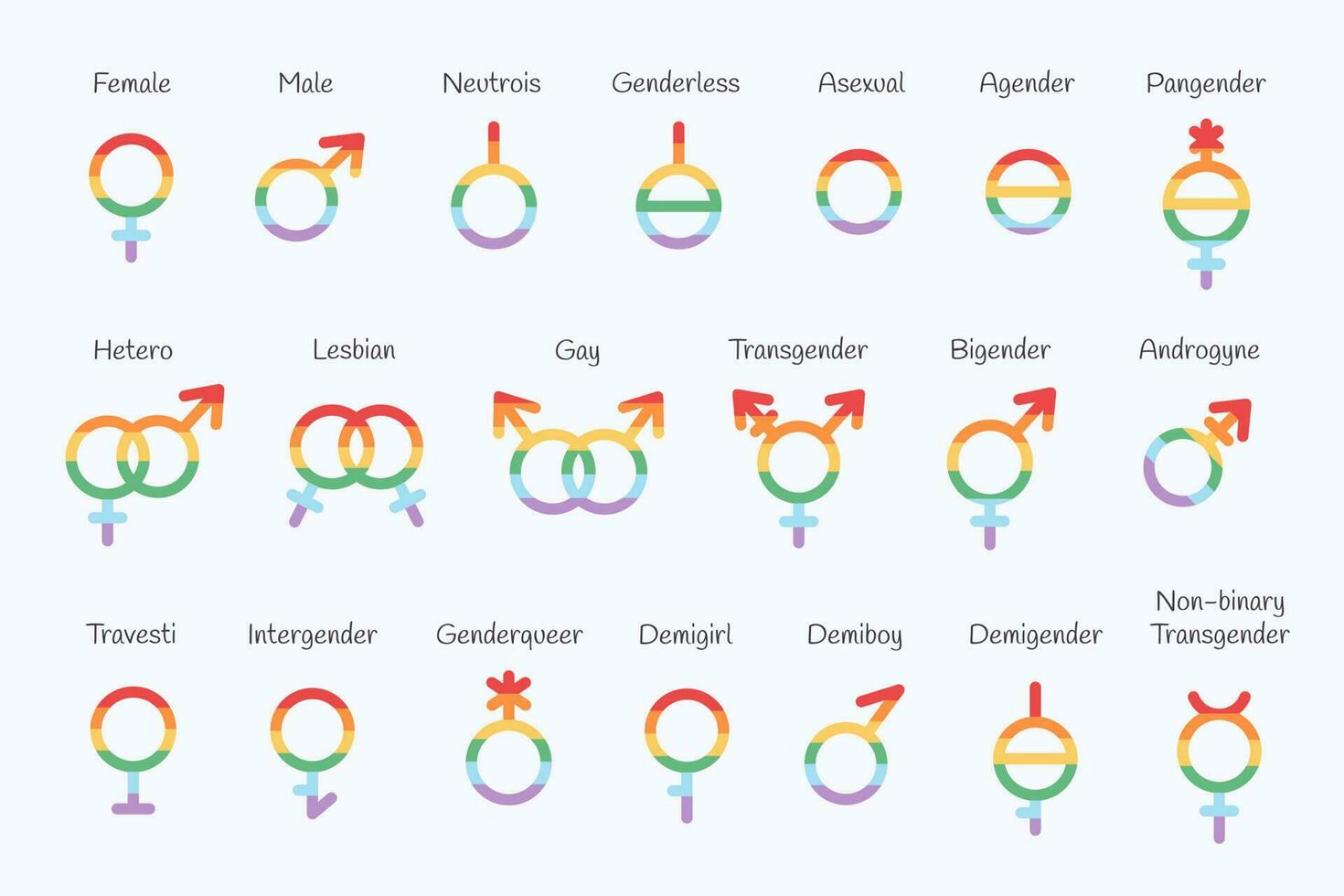 Set of gender symbols. LGBTQ community. Gay, lesbian, transgender, non-binary. vector