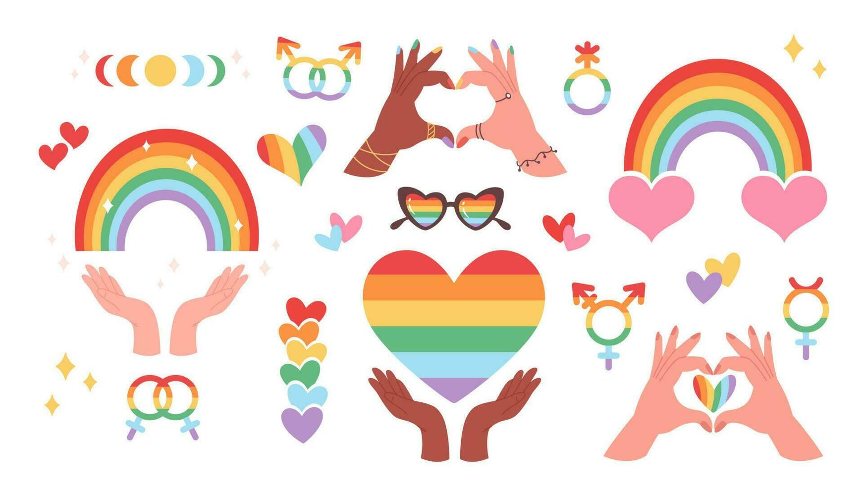 LGBTQ elements collection. LGBTQ Pride Month. Rainbow, hearts, gender symbols. vector