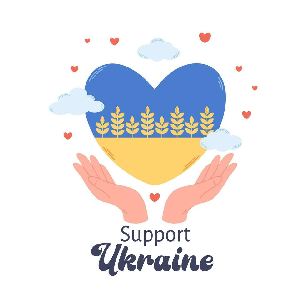 Ucrania bandera en el forma de corazón. salvar Ucrania, apoyo Ucrania. trigo campos y azul cielo vector