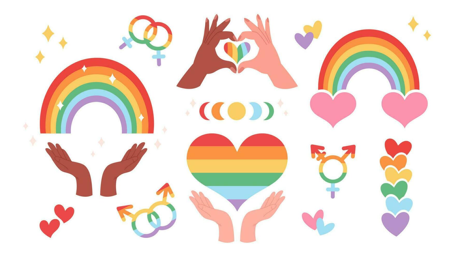 LGBTQ elements collection. LGBTQ Pride Month. Rainbow, hearts, gender symbols. vector