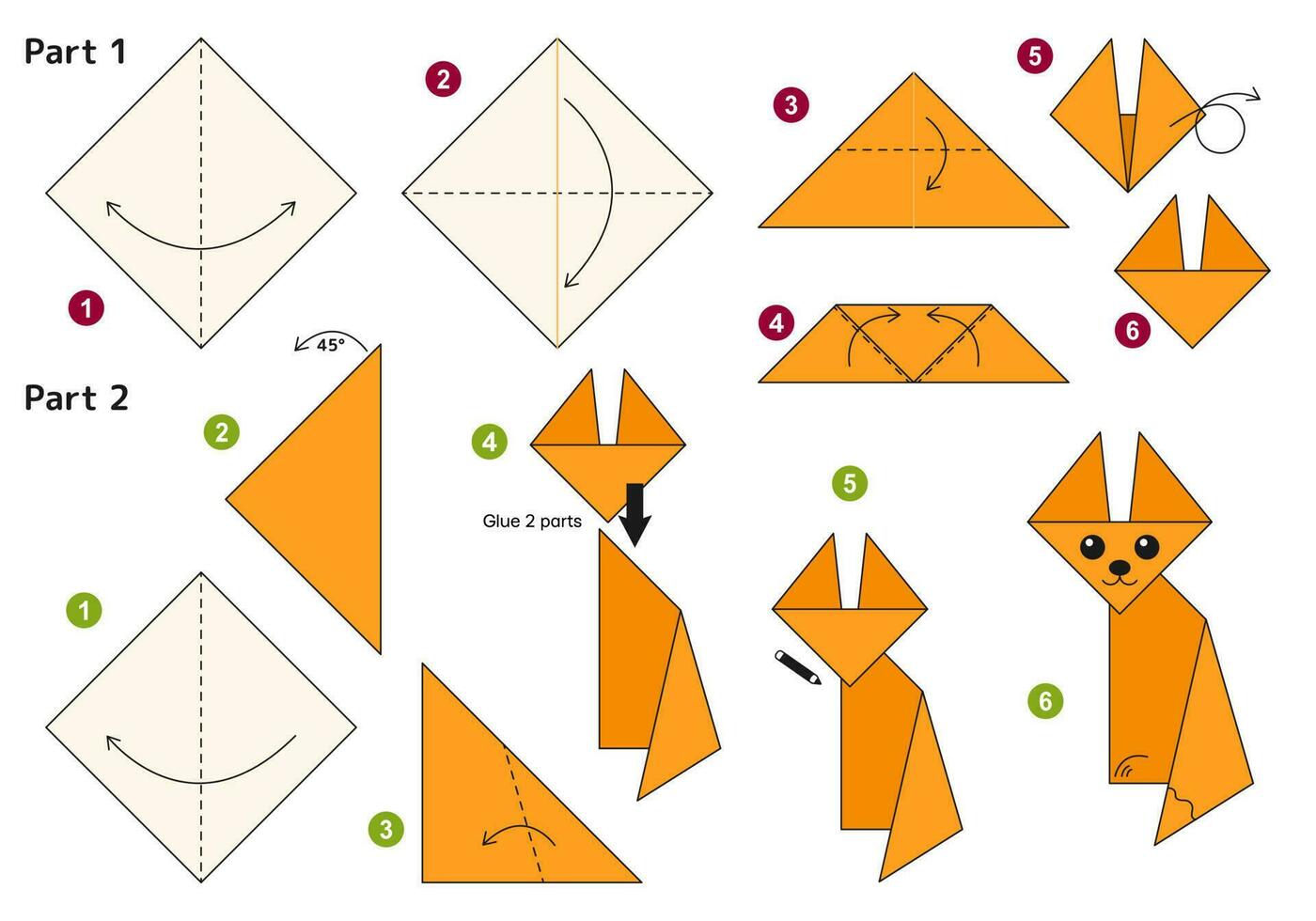 zorro origami esquema tutorial Moviente modelo. origami para niños. paso por paso cómo a hacer un linda origami zorro. vector ilustración.