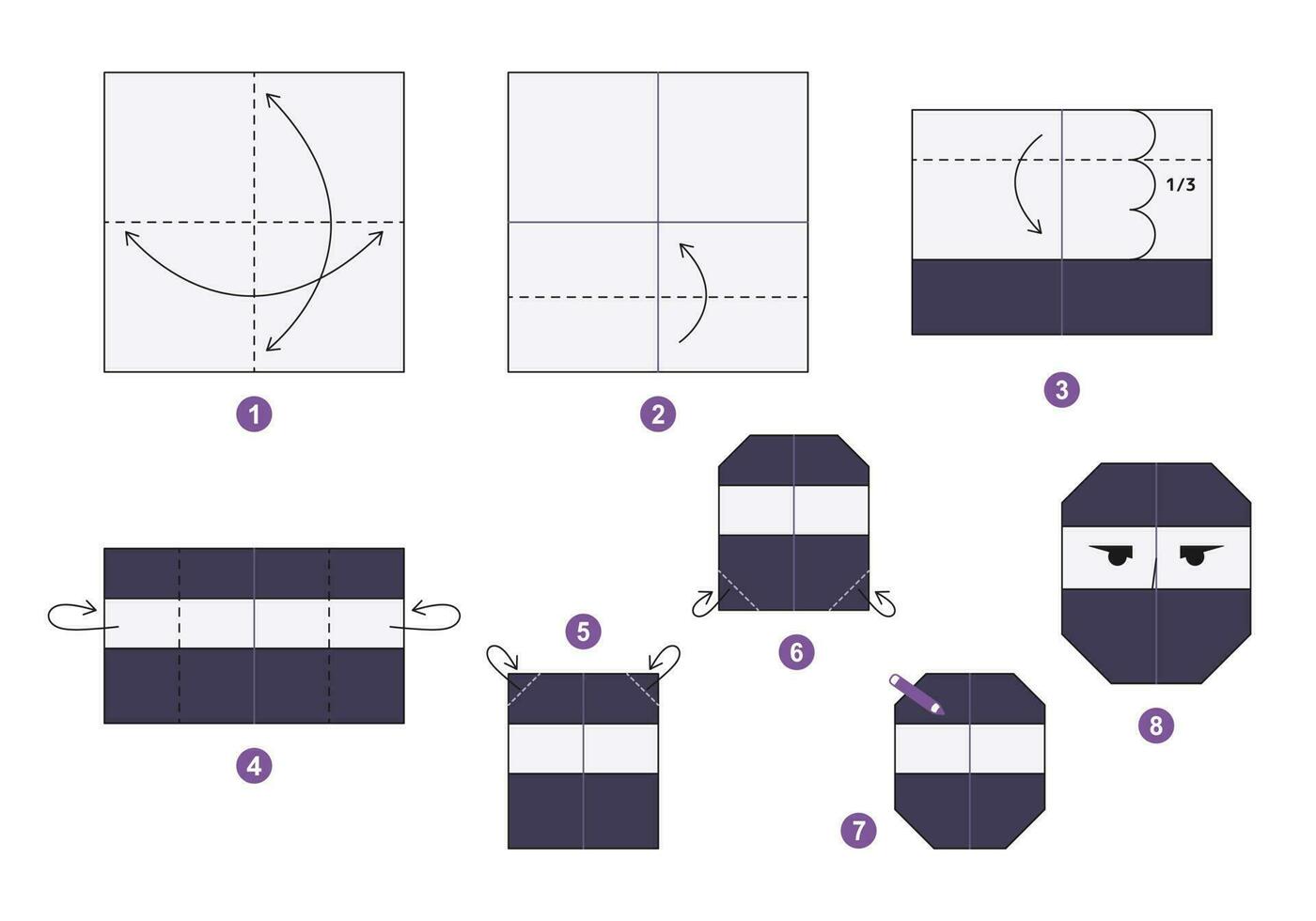 Ninja origami scheme tutorial moving model. Origami for kids. Step by step how to make a cute origami ninja. Vector illustration.