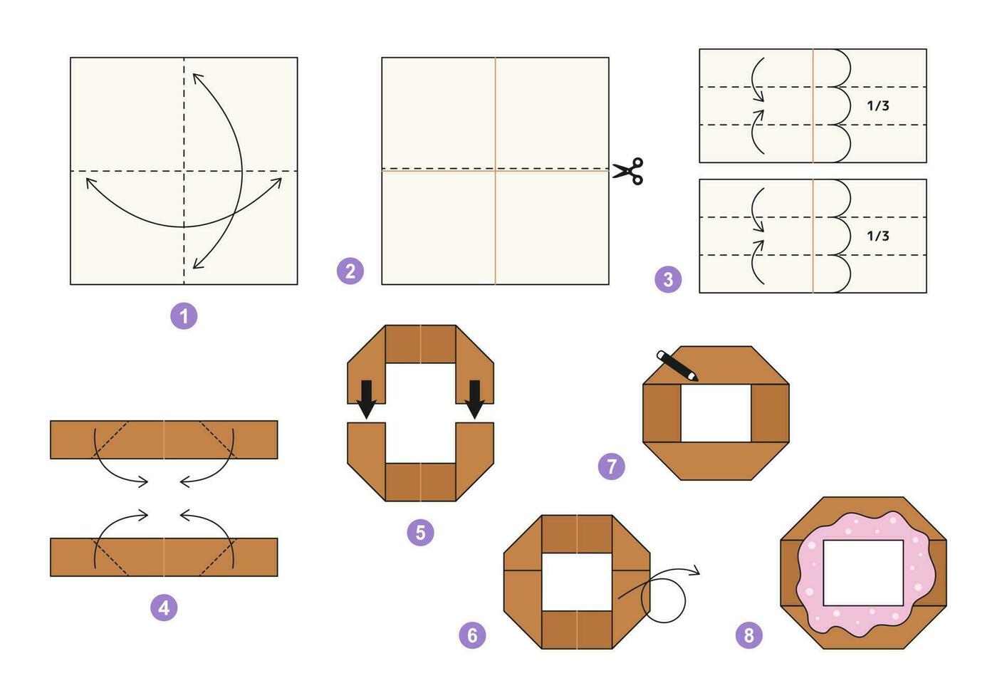rosquilla origami esquema tutorial Moviente modelo. origami para niños. paso por paso cómo a hacer un linda origami rosquilla. vector ilustración.