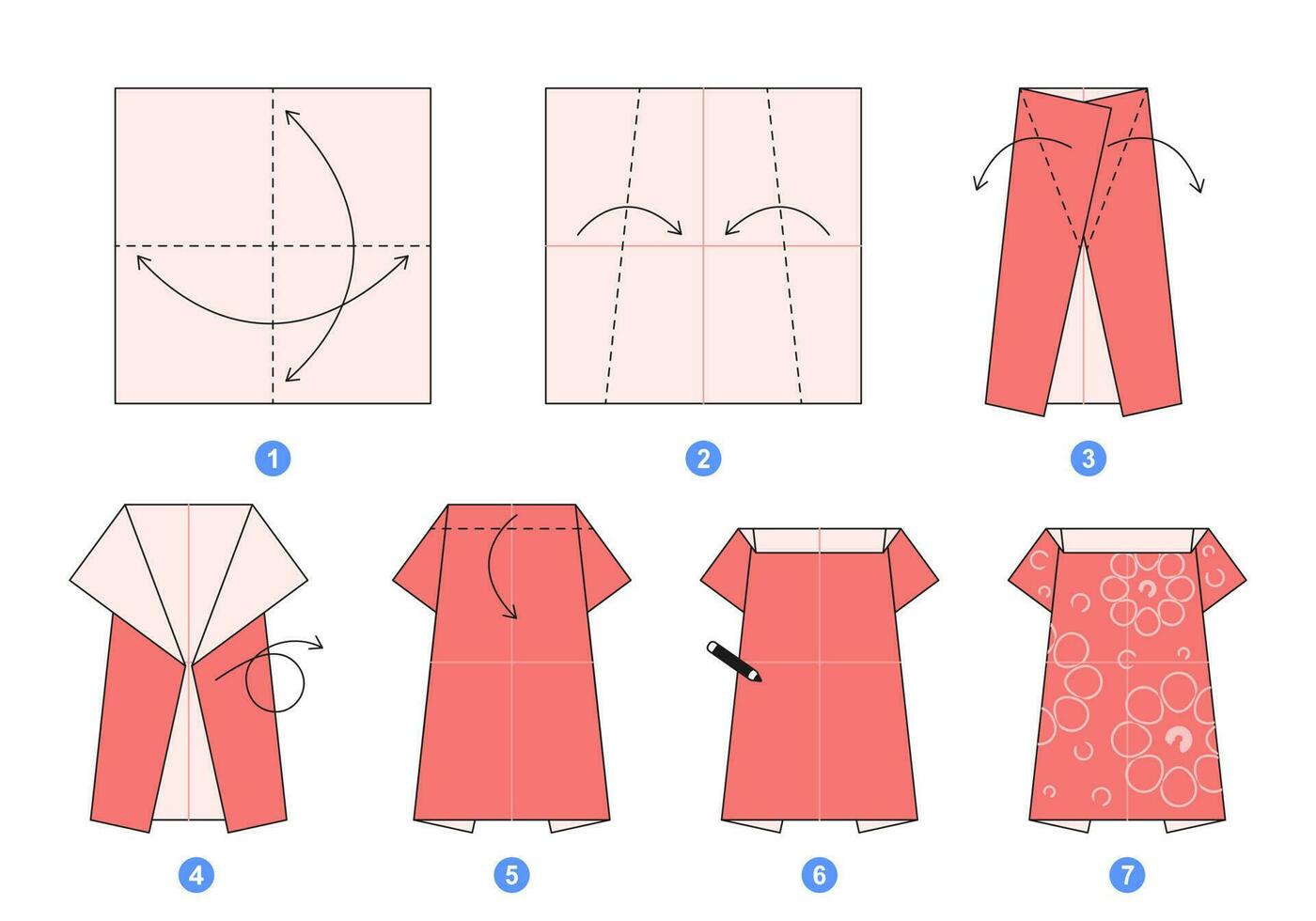Dress origami scheme tutorial moving model. Origami for kids. Step by step how to make a cute origami cloth for women. Vector illustration.