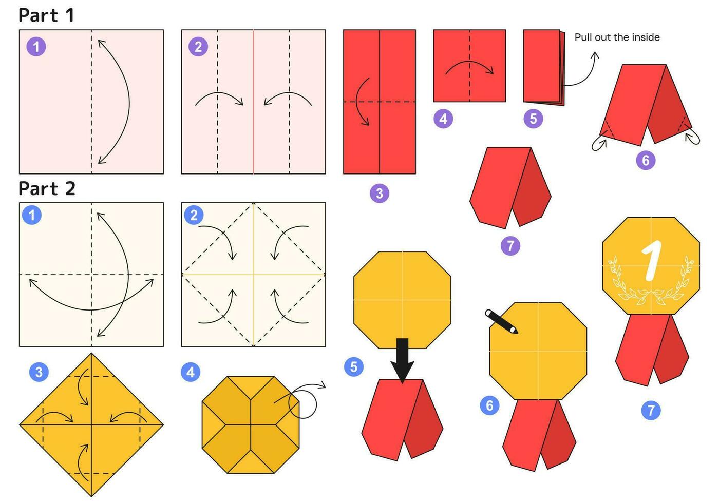 Medal origami scheme tutorial moving model. Origami for kids. Step by step how to make a cute origami medal. Vector illustration.