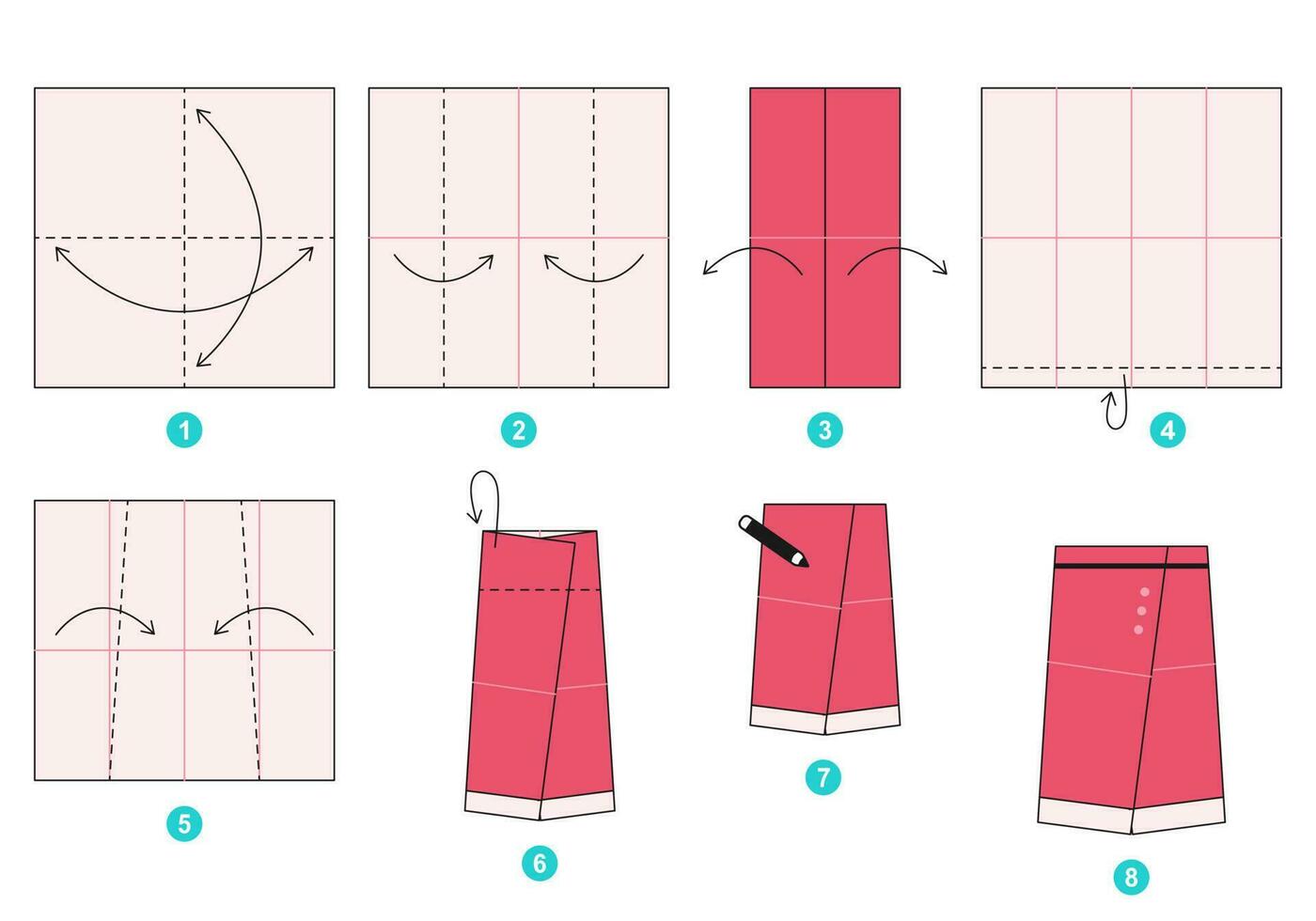 Skirt origami scheme tutorial moving model. Origami for kids. Step by step how to make a cute origami cloth for women. Vector illustration.