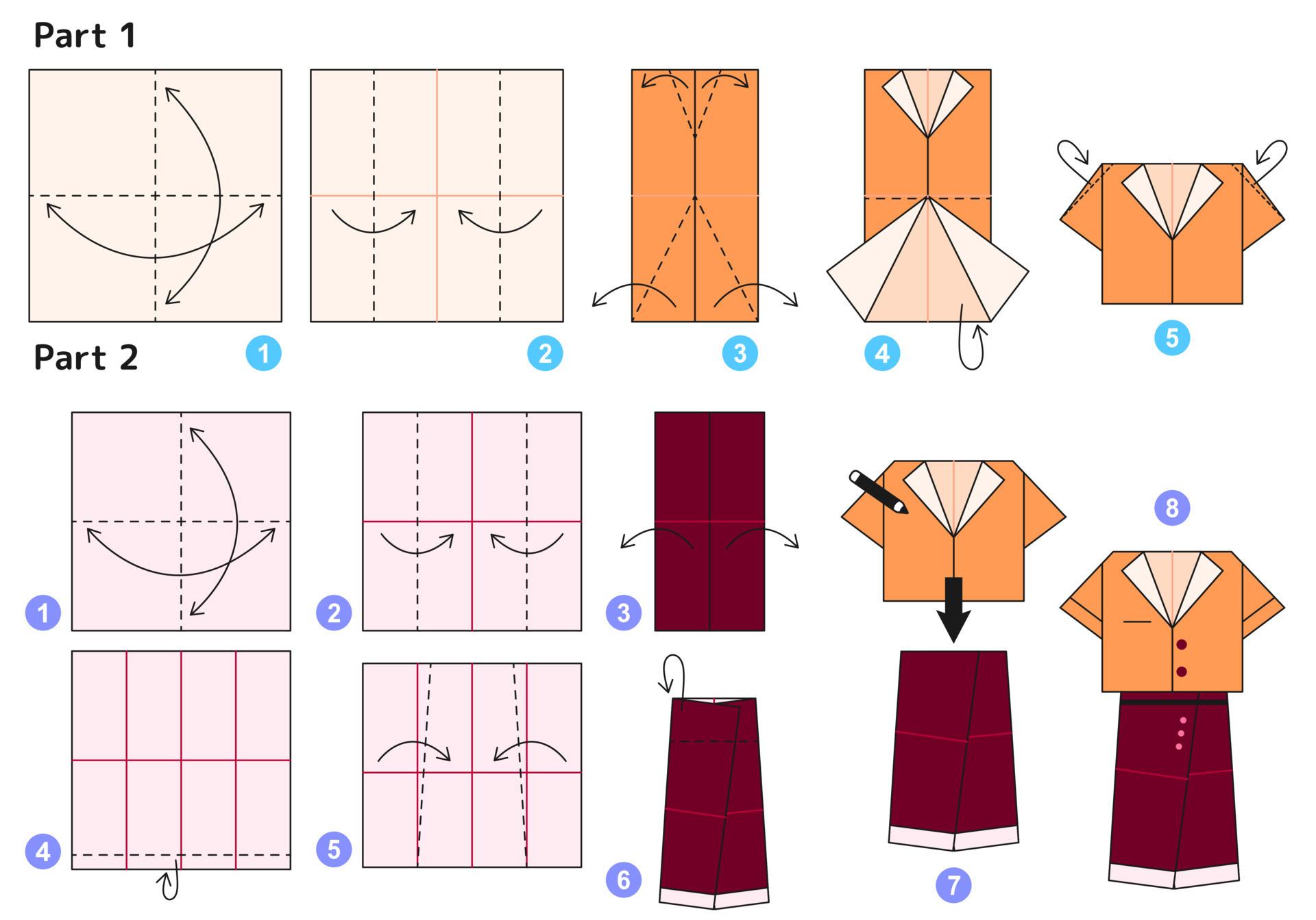 Skirt and shirt origami scheme tutorial moving model. Origami for kids ...