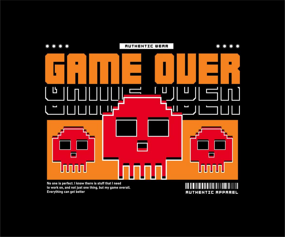 juego terminado eslogan estético gráfico diseño con píxel cráneo para creativo ropa, para ropa de calle y urbano estilo camisetas diseño, sudaderas con capucha, etc. vector