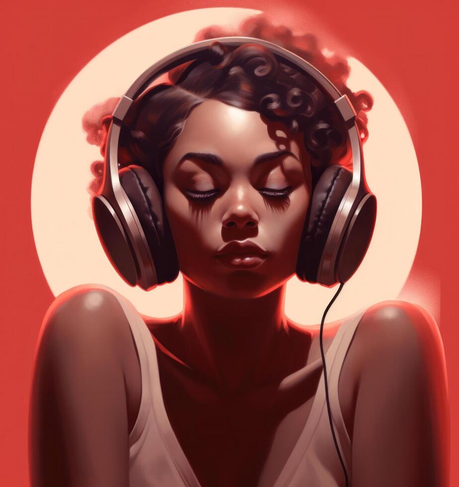 mujer escuchando a música. ilustración ai generativo foto