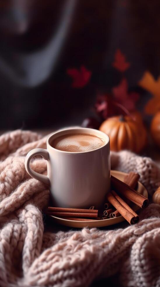 Autumn cozy background with coffee. Illustration photo