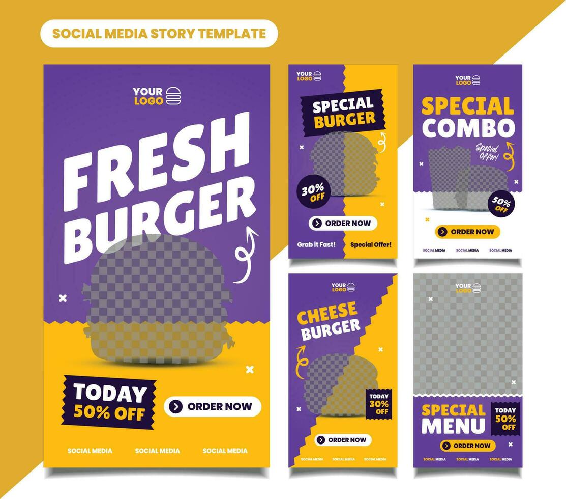 Burger food restaurant social media post or story template collection for flyer, banner, and poster vector