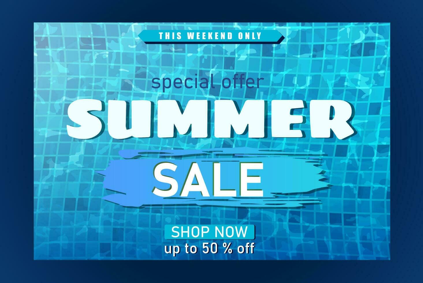 Vector summer sale banner template with swimming pool textures and exotic flowers.