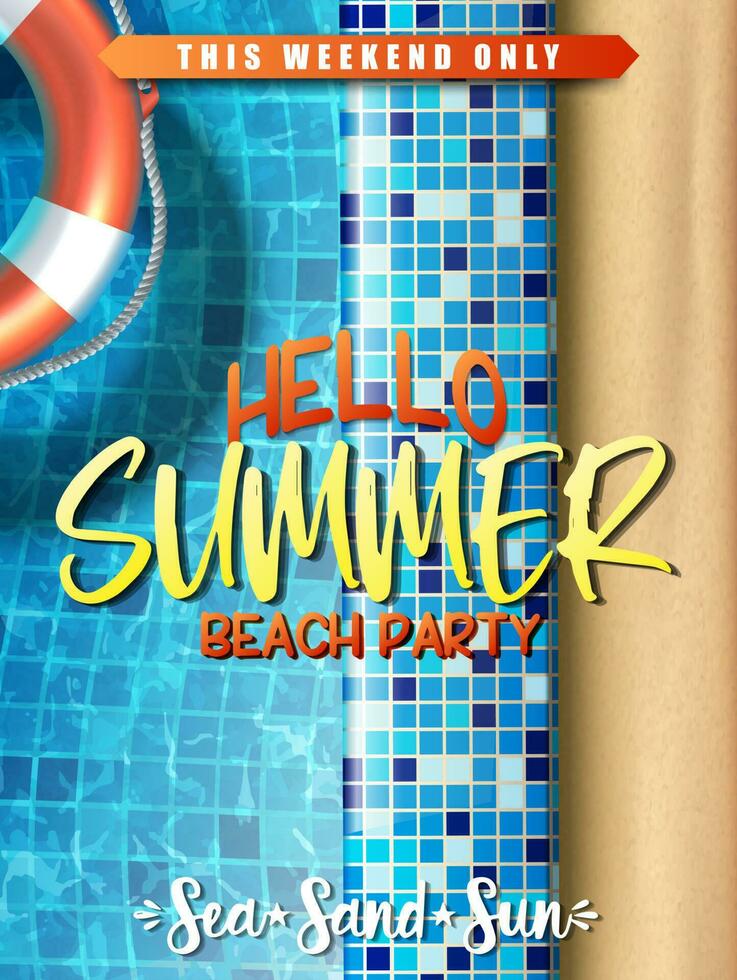 Vector summer sale banner template. Pool party with inflatable ring in the water.