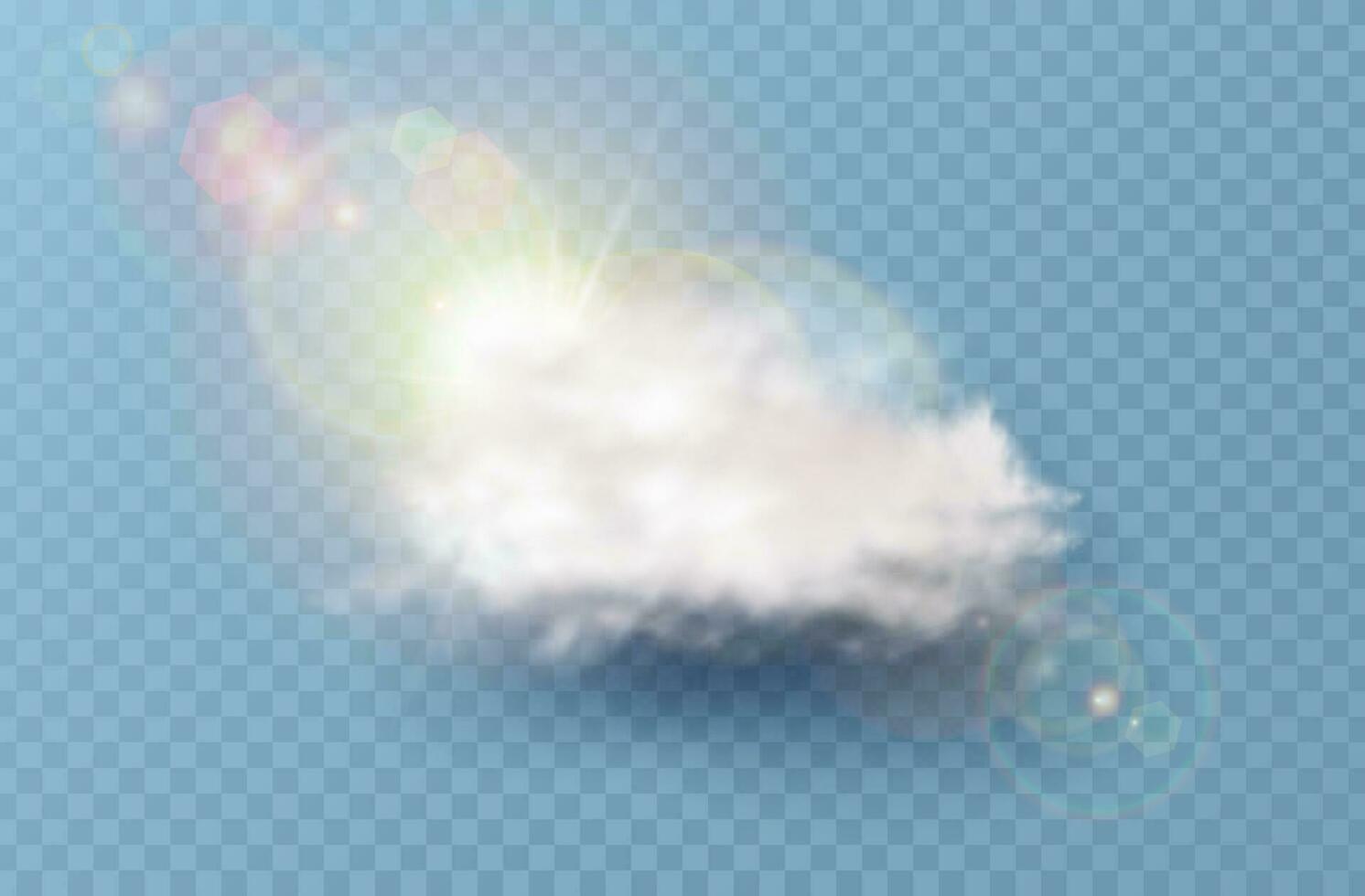 3d realistic vector icon. White cloud with sun rays. Isolated