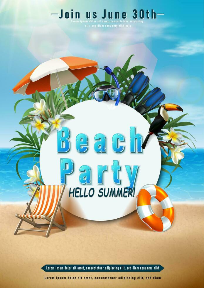 Vector summer party banner template. Pool party with inflatable ring. Vertical orientation.