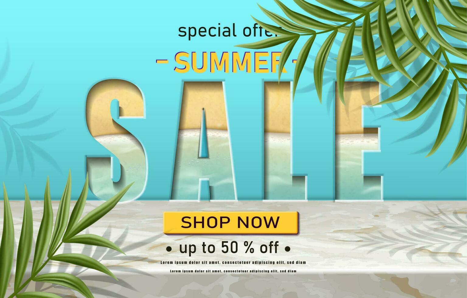 3d realistic vector summer sale banner template with exotic palm leaves.