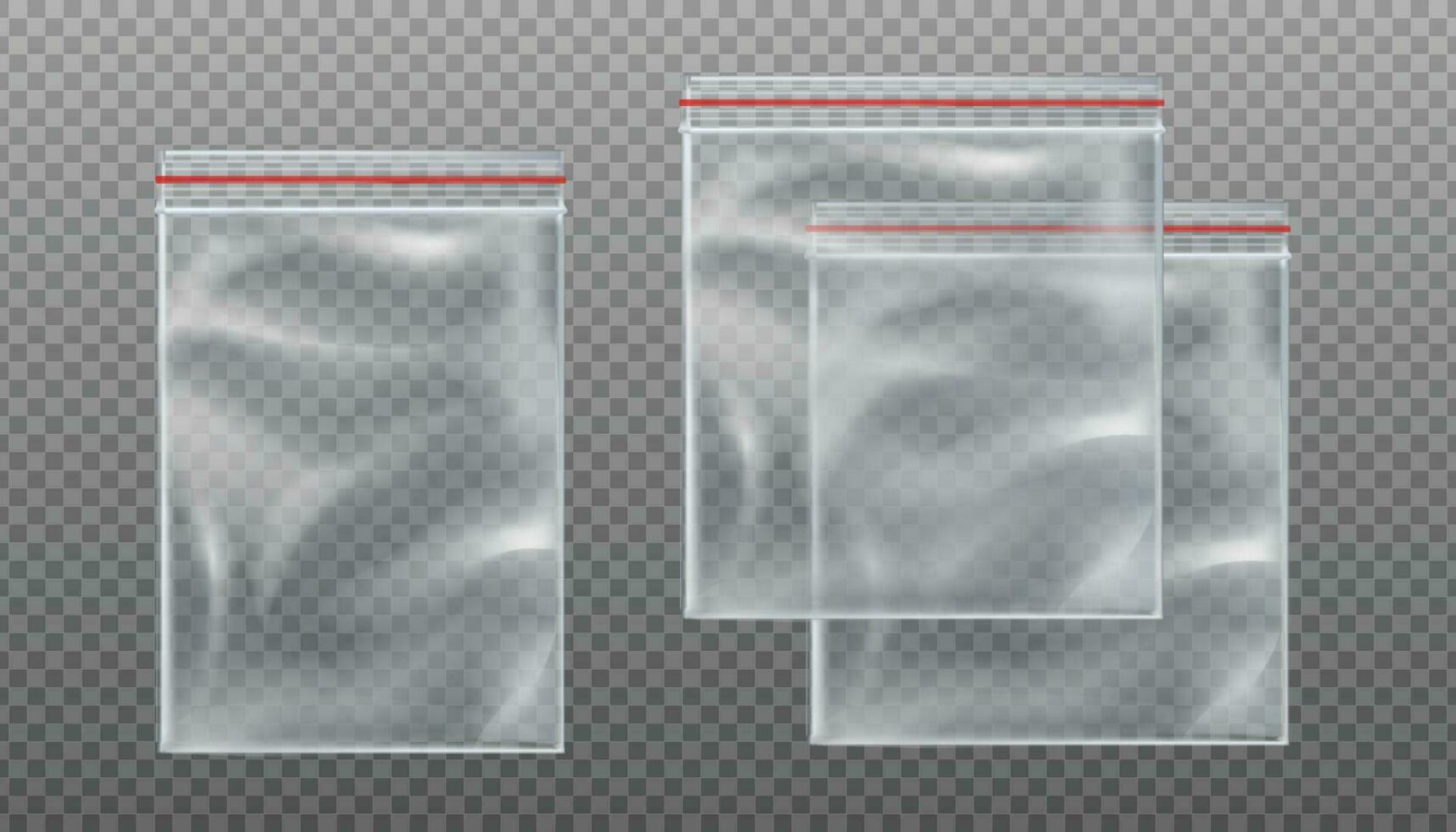 3d realistic vector zip transparent bags. Empty mockup pouches in different sizes on background.