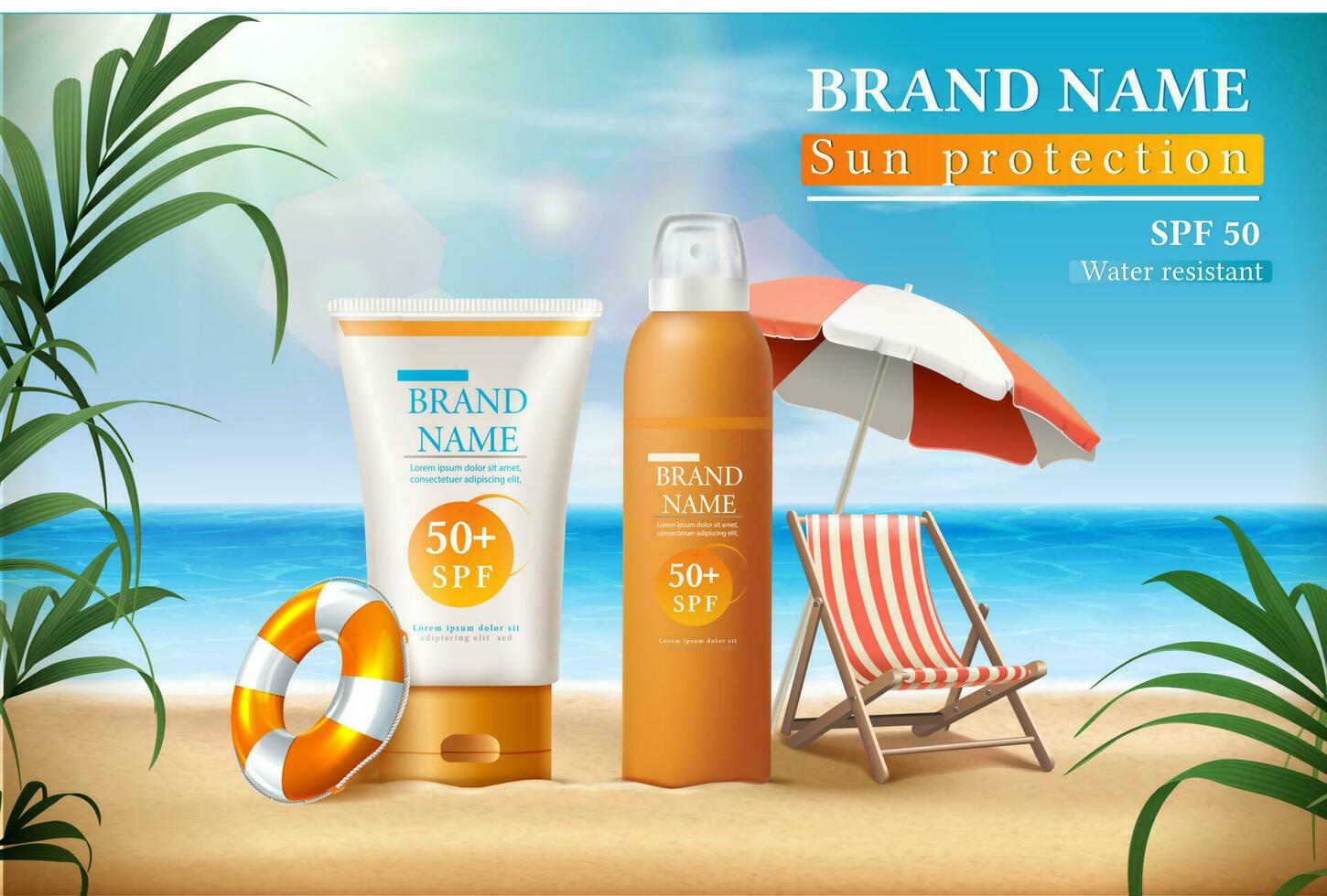 Vector summer sunscreen protection banner with sunscreen bottles and the sunbed under umbrella with sunbeams and tropical leaves.