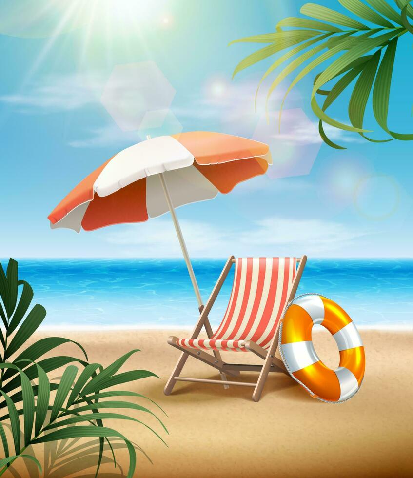 Vector summer banner with sunbed with umbrella and inflatable ring on ...