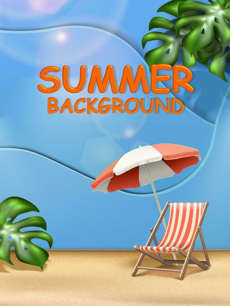 Vector summer banner with sunbed with umbrella and inflatable ring on the sand  with sunbeams and tropical leaves and waves of the ocean.