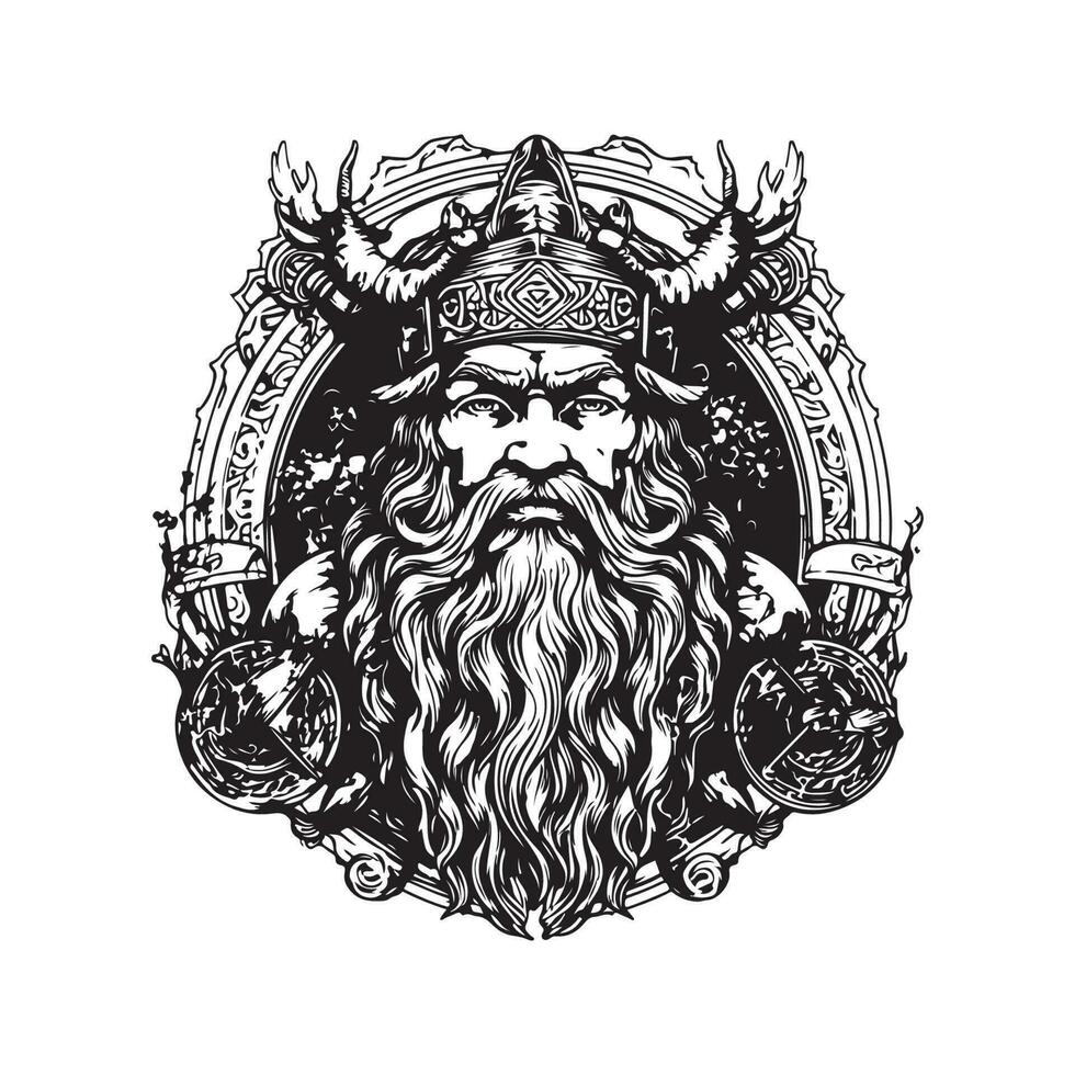 odin, vintage logo line art concept black and white color, hand drawn illustration vector