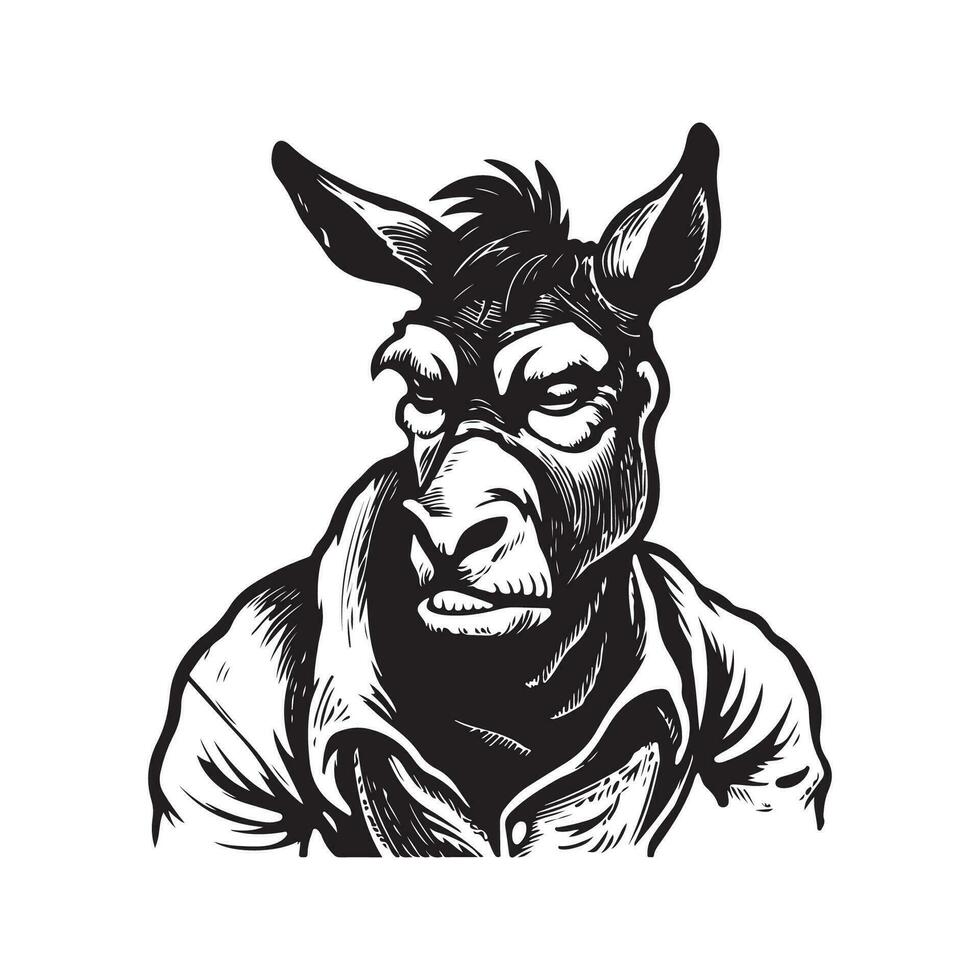 donkey, vintage logo line art concept black and white color, hand drawn illustration vector