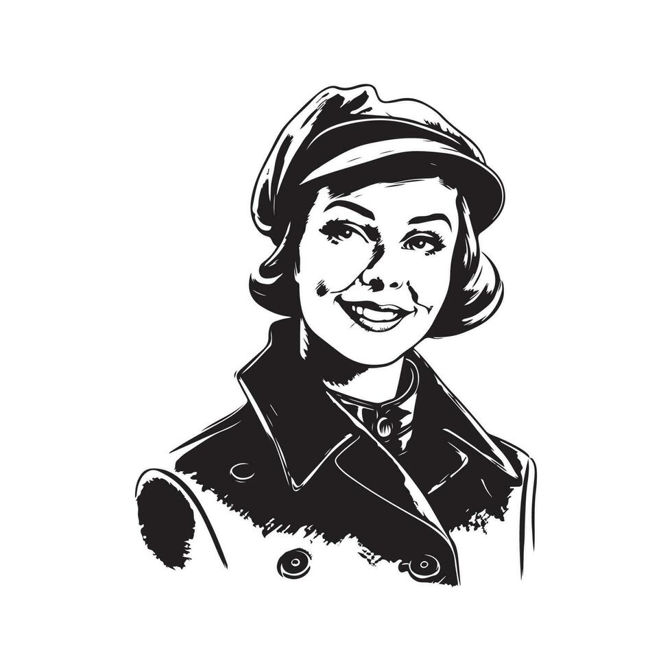 happy girl wearing coat and beret, vintage logo line art concept black and white color, hand drawn illustration vector