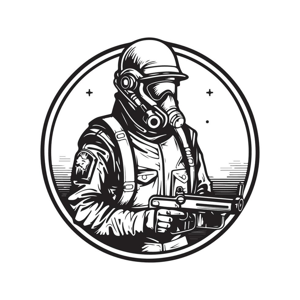 science fiction soldier, vintage logo line art concept black and white color, hand drawn illustration vector