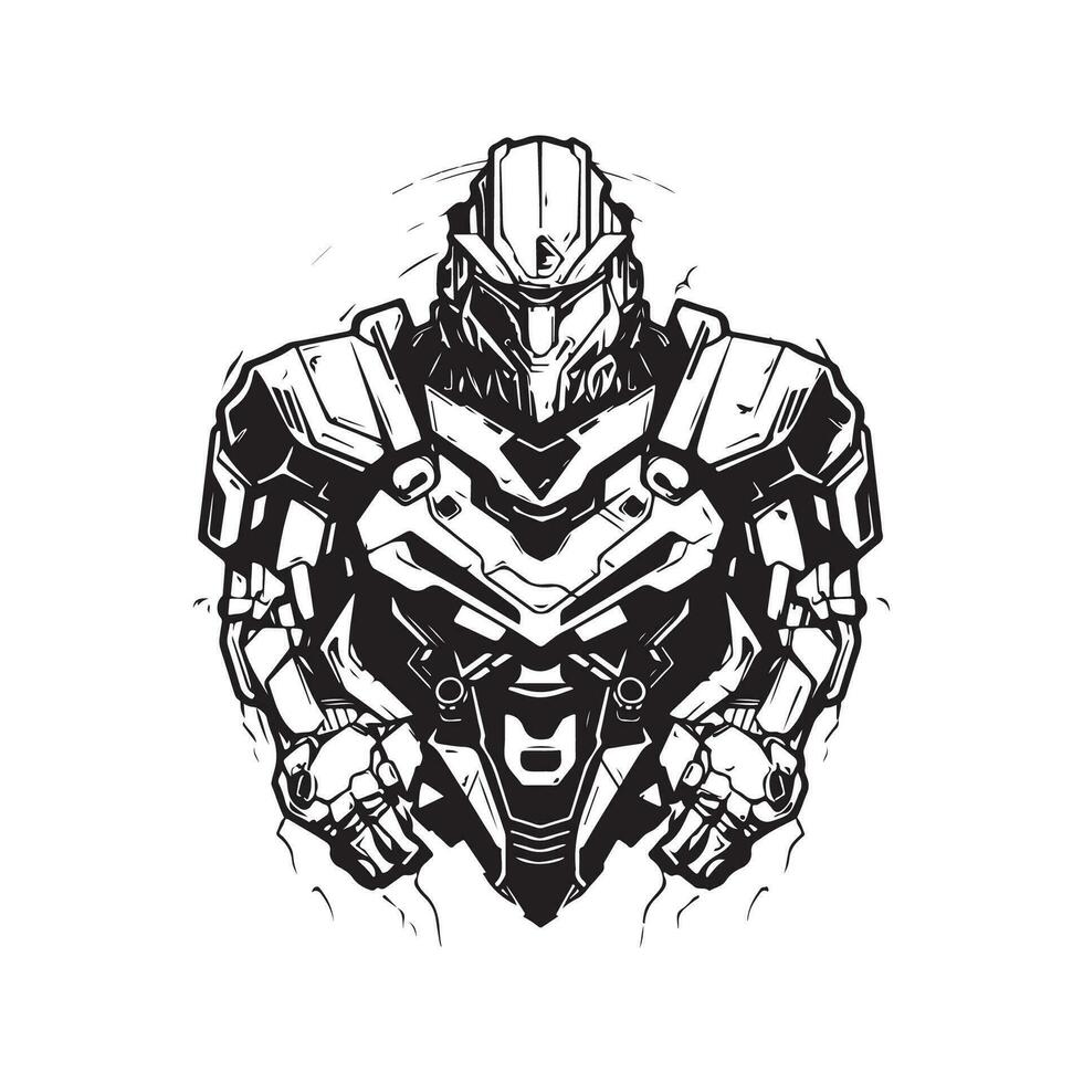 scifi mech warrior, vintage logo line art concept black and white color, hand drawn illustration vector
