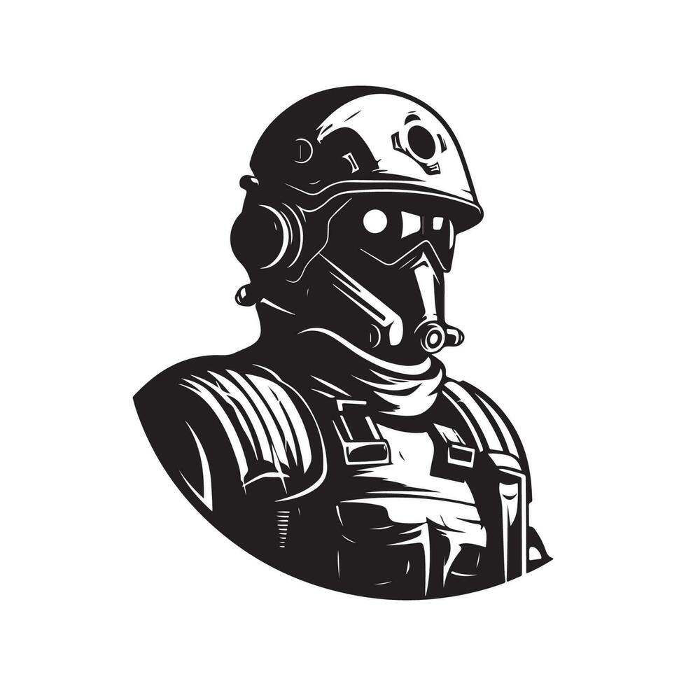 futuristic soldier, vintage logo line art concept black and white color, hand drawn illustration vector