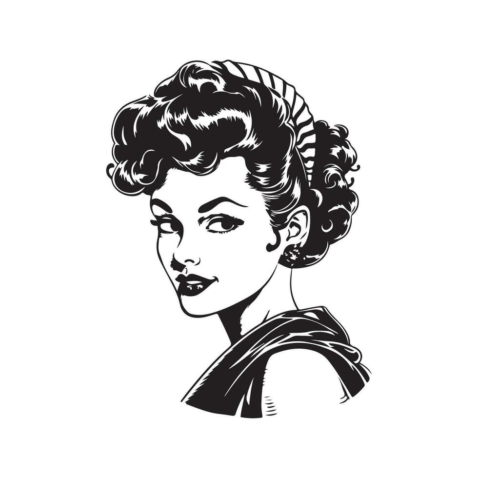 pretty pin up girl, vintage logo line art concept black and white color, hand drawn illustration vector