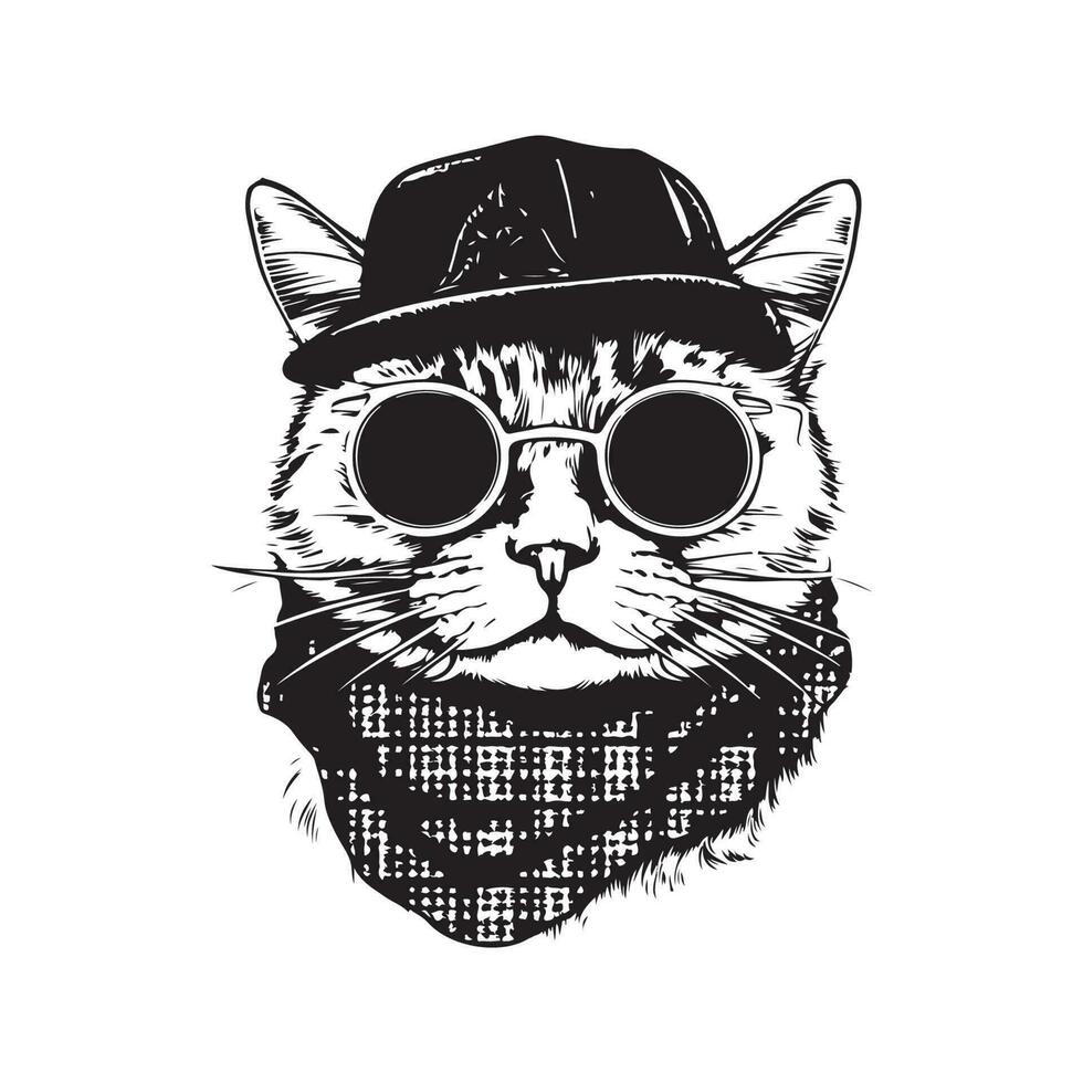 scottish cat wearing sunglasses and scarf, vintage logo line art concept black and white color, hand drawn illustration vector