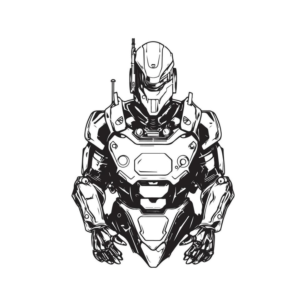future robotic soldier, vintage logo line art concept black and white color, hand drawn illustration vector