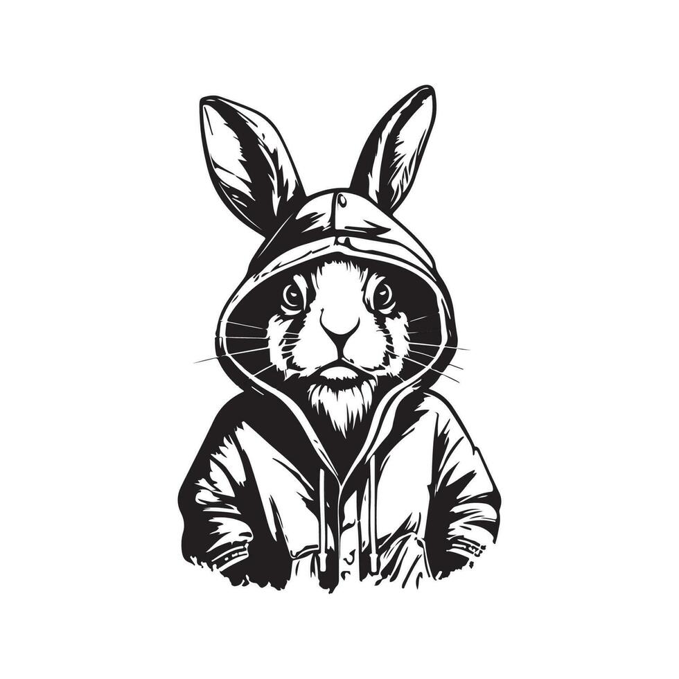 rabbit wearing hoodie, vintage logo line art concept black