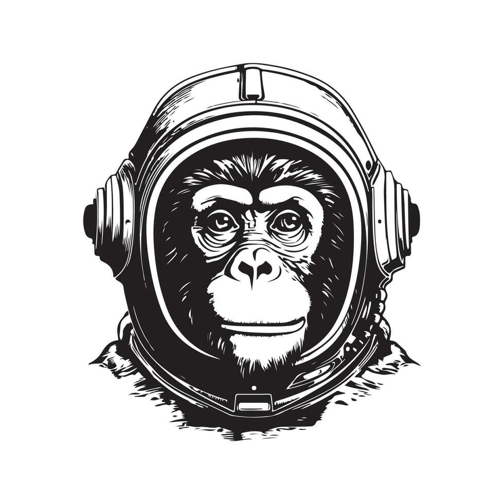 monkey astronaut, vintage logo line art concept black and white color, hand drawn illustration vector