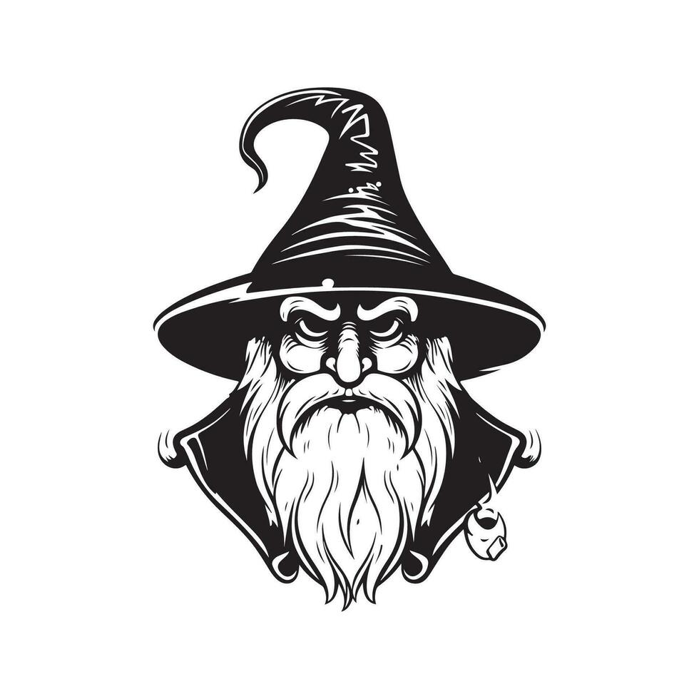 annoying wizard, vintage logo line art concept black and white color, hand drawn illustration vector