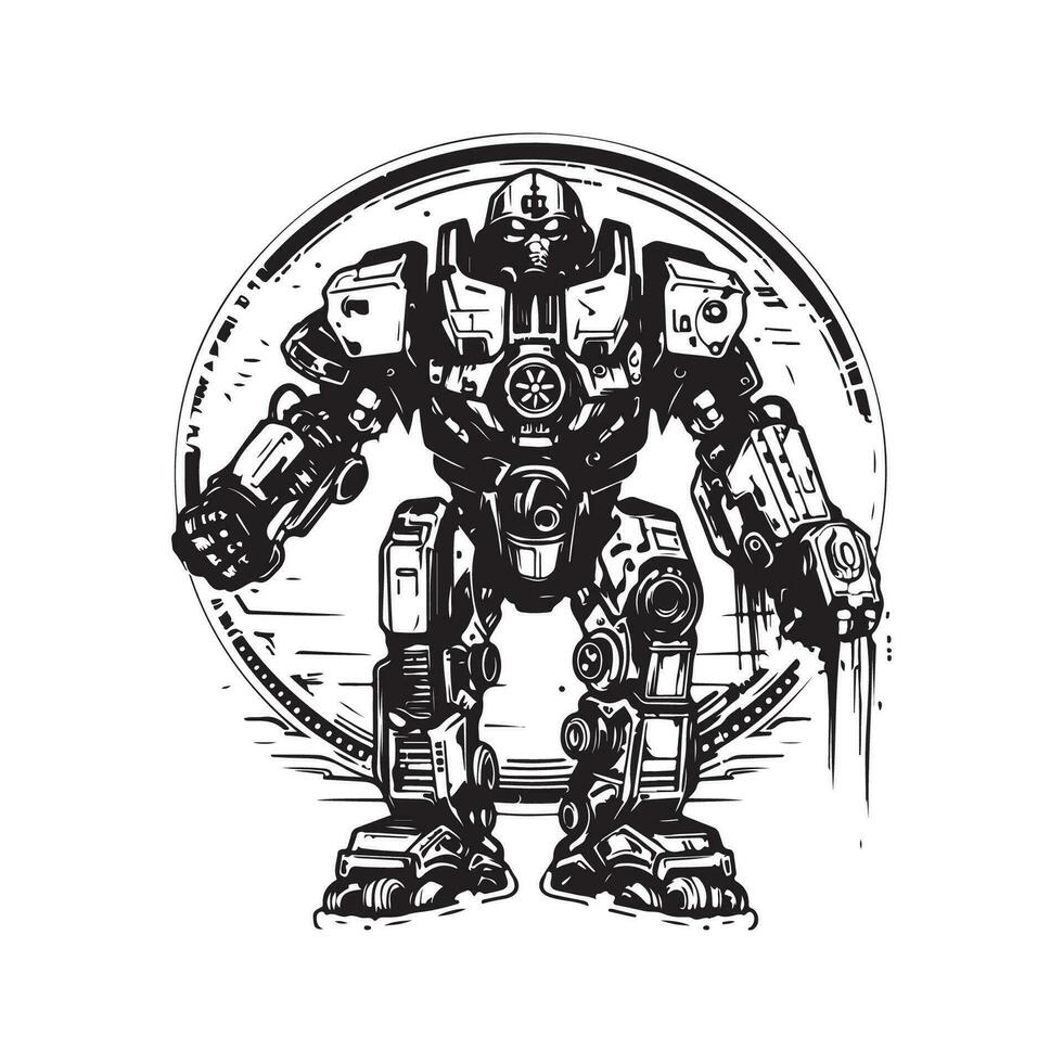 scifi mech warrior, vintage logo line art concept black and white color, hand drawn illustration vector