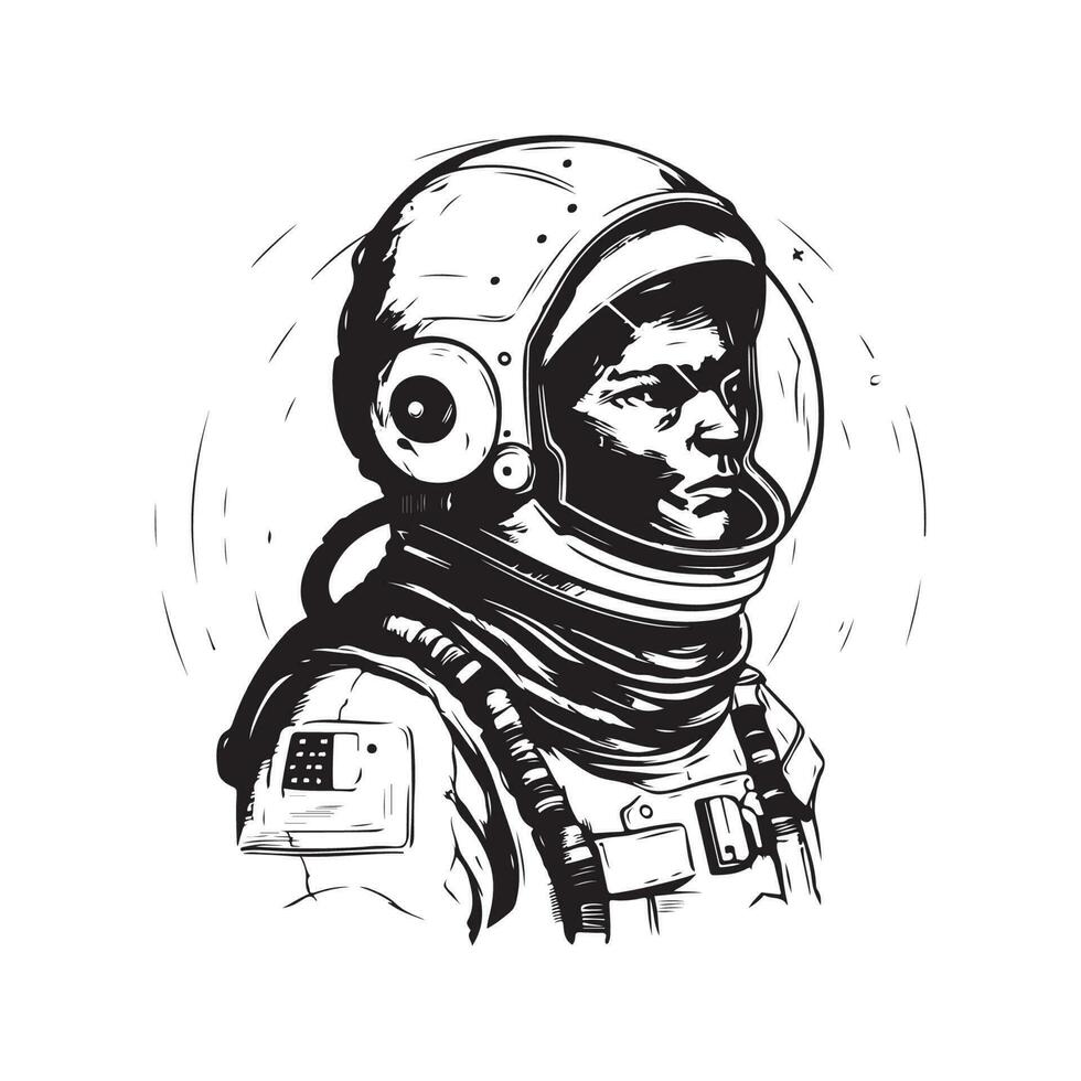 futuristic astronaut, vintage logo line art concept black and white color, hand drawn illustration vector