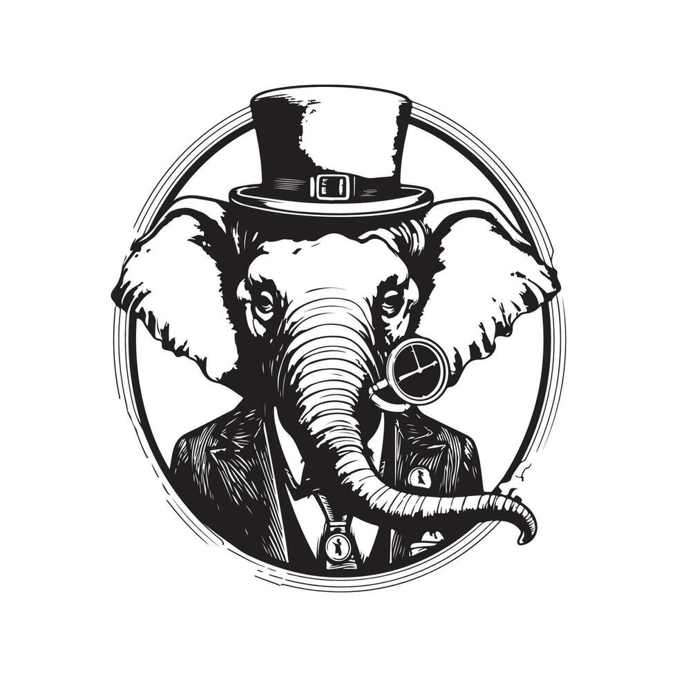 elephant inventor, vintage logo line art concept black and white color, hand drawn illustration vector