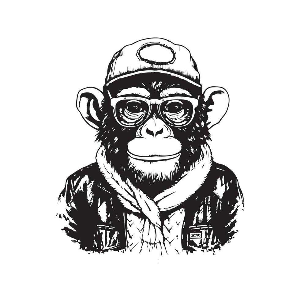 monkey dressed up in pullover, vintage logo line art concept black and white color, hand drawn illustration vector